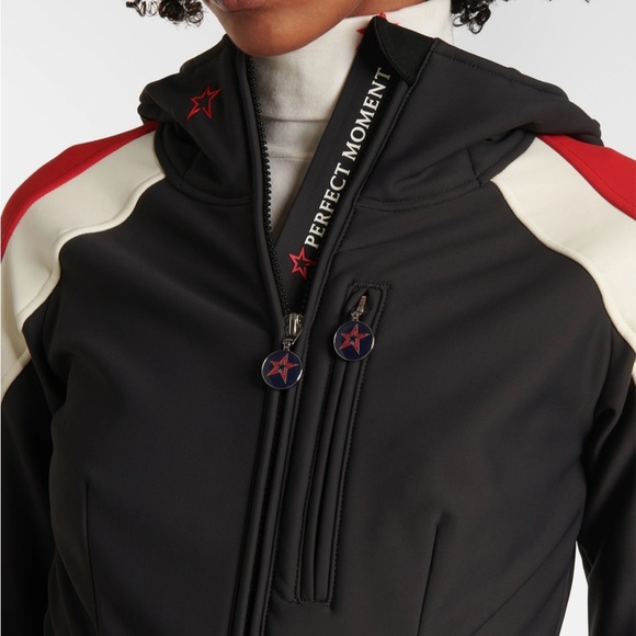 NWT Perfect moment Allos hooded striped ski suit in jet black/red/snow white - Picture 11 of 13